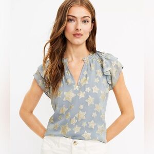LOFT Women's Gray Blouse Top Gold Shimmer Stars Ruffle Sleeve Size XS Petite
